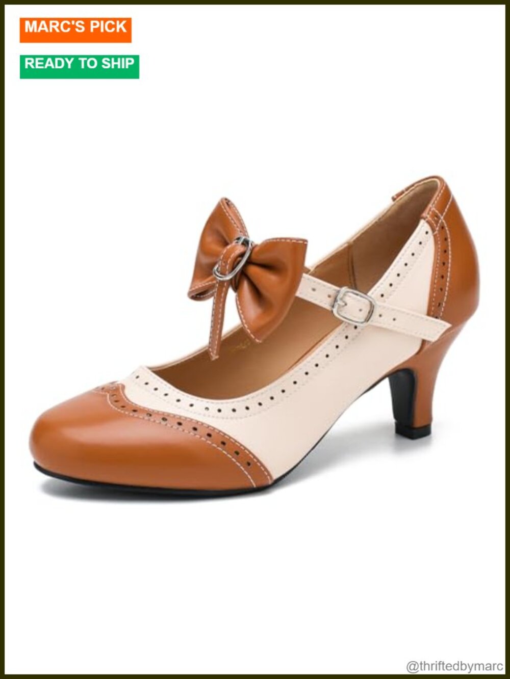 Vintage Two Tone Bow Mary Jane Kitten Heel Pumps Dress Shoes - Picture 1 of 6